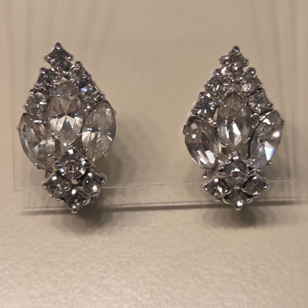 Sparkling Marquise Rhinestone Cluster Clip Earrings Silver Tone Statement AS IS